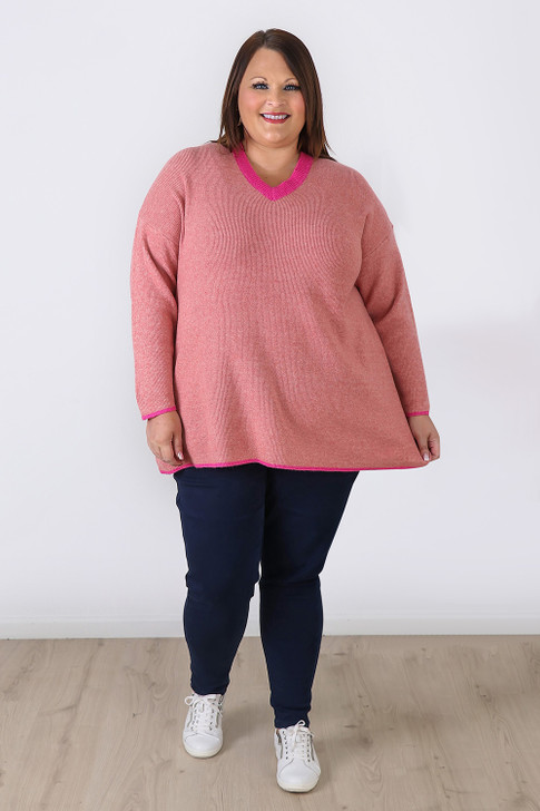 Plus Size Peachy Pink V Neck Knit Jumper - Curvaceous