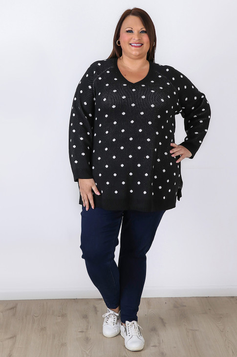 Plus Size Black Polka Dot Cotton Knit Jumper - Curvaceous