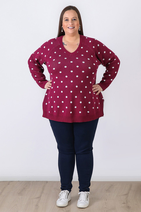 Plus Size Berry Polka Dot Cotton Knit Jumper - Curvaceous