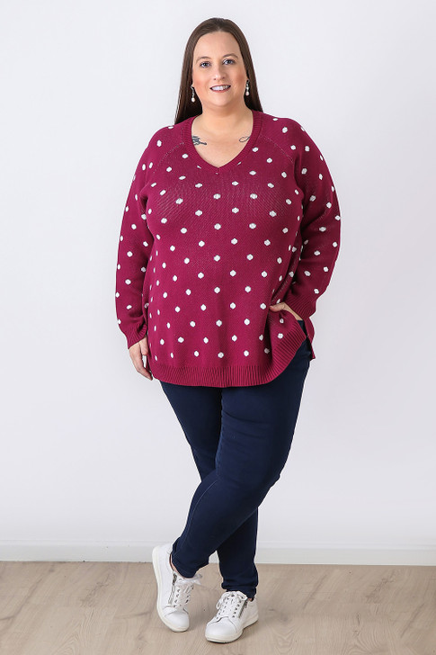 Plus Size Berry Polka Dot Cotton Knit Jumper - Curvaceous