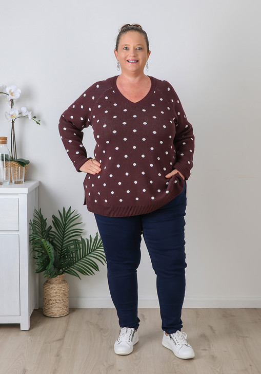 Plus Size Chocolate Plum Polka Dot Cotton Knit Jumper
