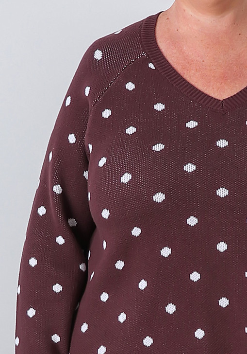 Plus Size Chocolate Plum Polka Dot Cotton Knit Jumper