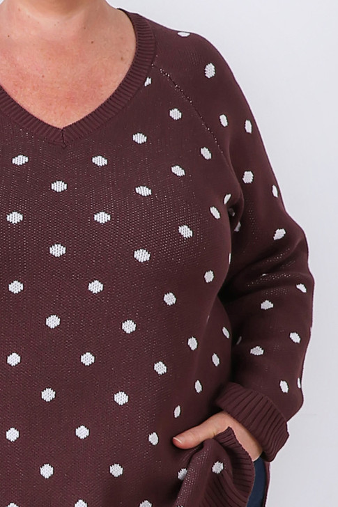 Plus Size Chocolate Plum Polka Dot Cotton Knit Jumper - Curvaceous
