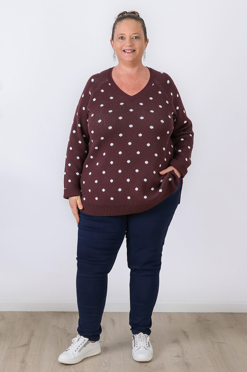Plus Size Chocolate Plum Polka Dot Cotton Knit Jumper - Curvaceous