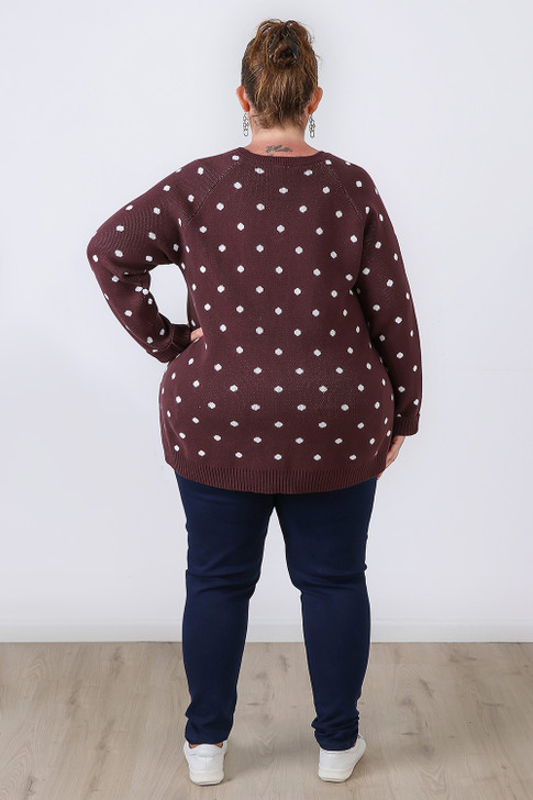 Plus Size Chocolate Plum Polka Dot Cotton Knit Jumper