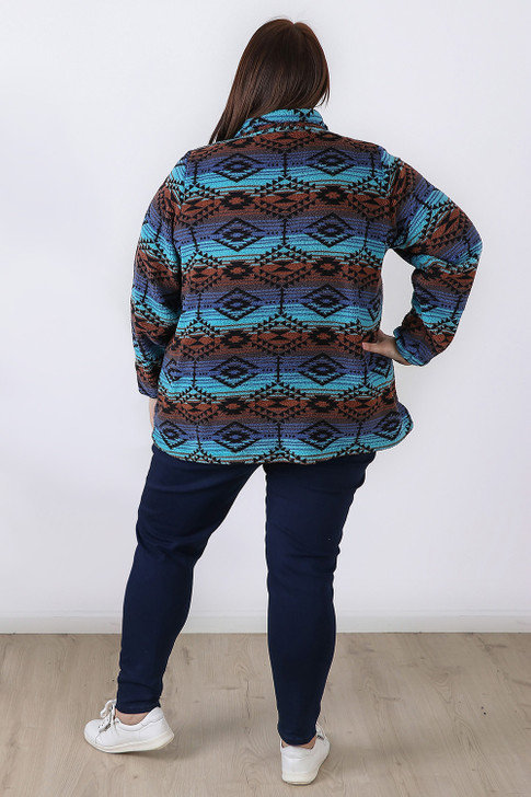 Plus Size Blue Tribal Fleece Jumper
