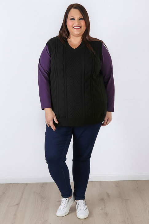 Plus Size Black Cable Knit V Neck Vest
