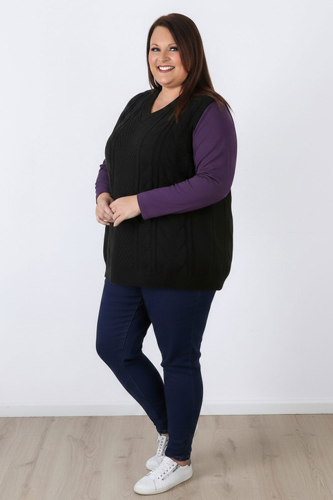 Plus Size Black Cable Knit V Neck Vest