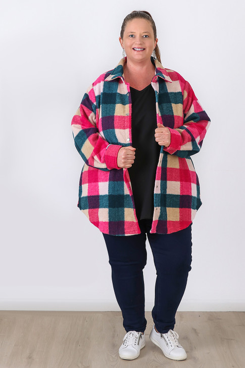 Plus Size Pink Plaid Brushed Fleecy Winter Jacket