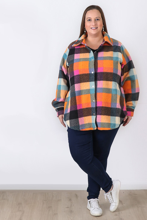 Plus Size Colourful Plaid Brushed Fleecy Winter Jacket