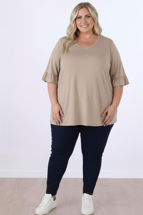 Plus Size Optional Hearts Taupe Bamboo Tee With Frill Sleeves