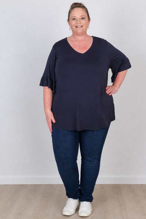 Optional Hearts Navy Bamboo Tee With Frill Sleeves