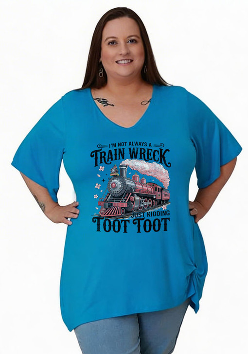 Plus Size Fun Train Wreck Blue Twist Side Tee