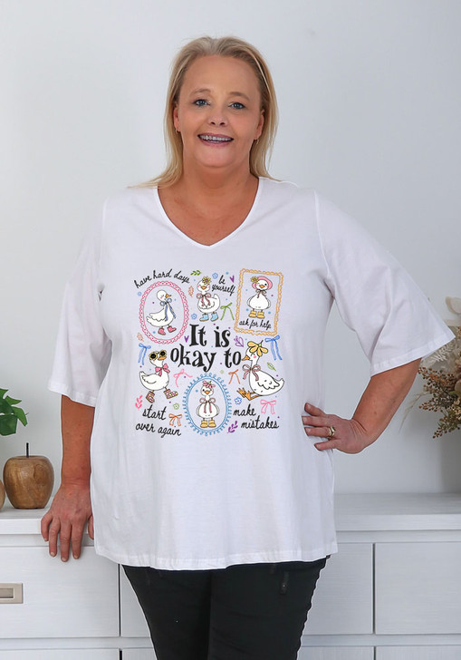Plus Size Quirky Sayings White V Neck Short Sleeve Cotton Top