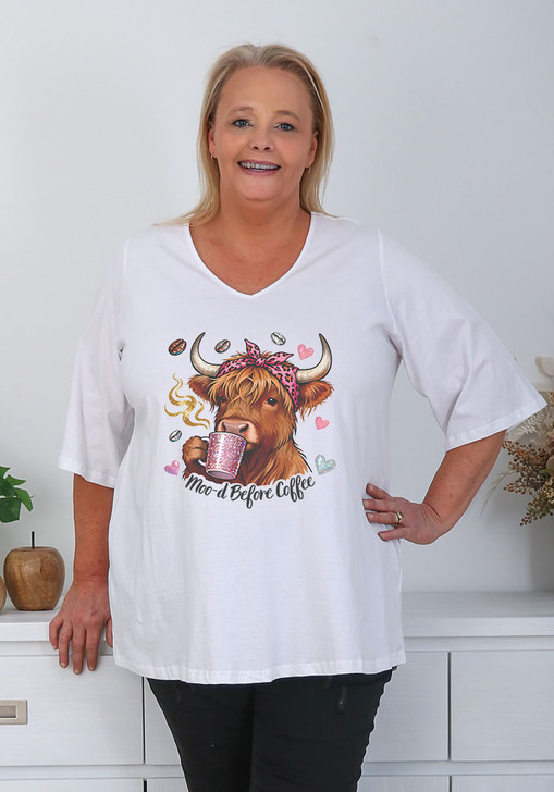 Plus Size Fun Moo-d Cow White V Neck Cotton Top