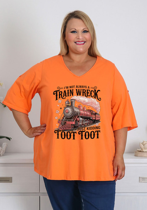 Plus Size Fun Sayings Orange V Neck Cotton Tee