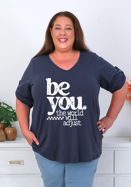 Plus Size Be You Navy V Neck Cotton Tee