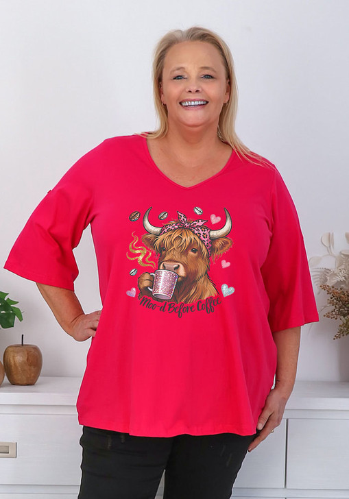 Plus Size Fun Cow Print Magenta V Neck Cotton Top