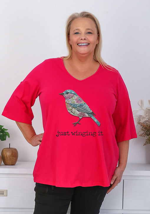 Plus Size Fun Birdy Magenta V Neck Cotton Top
