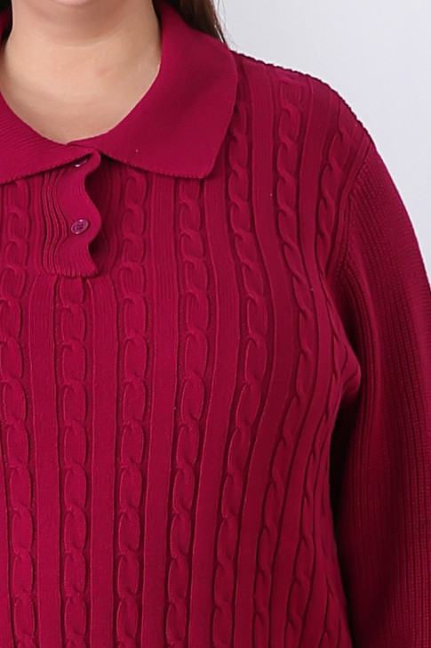 Plus Size Berry Cable Knit Button Neck Jumper