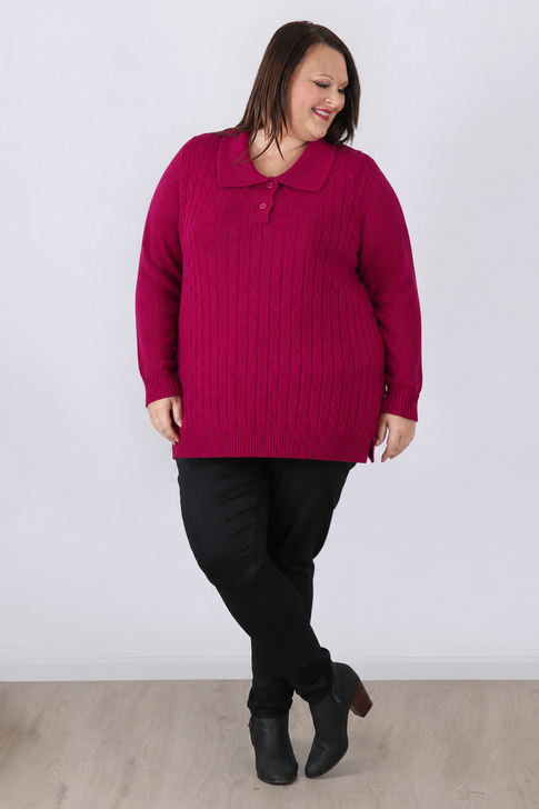 Plus Size Berry Cable Knit Button Neck Jumper