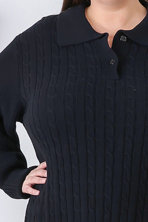 Plus Size Black Cable Knit Button Neck Jumper