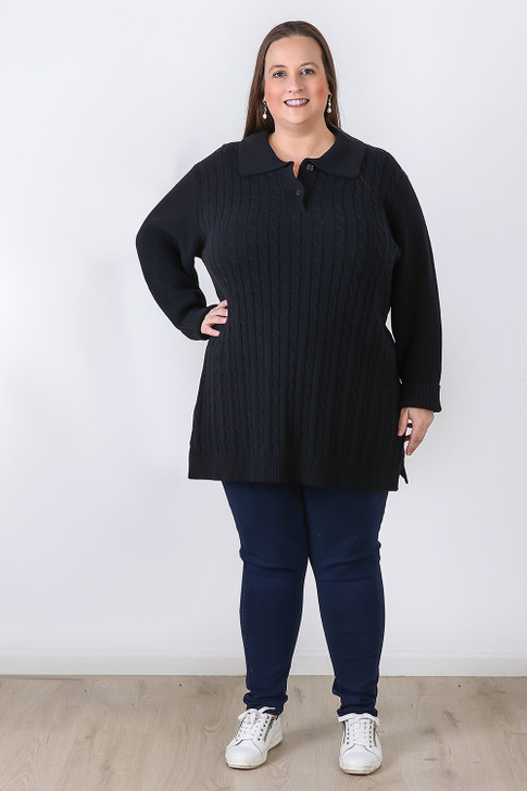 Plus Size Black Cable Knit Button Neck Jumper - Curvaceous
