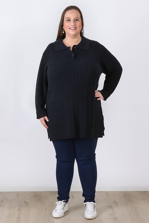 Plus Size Black Cable Knit Button Neck Jumper Sizes 18 to 32