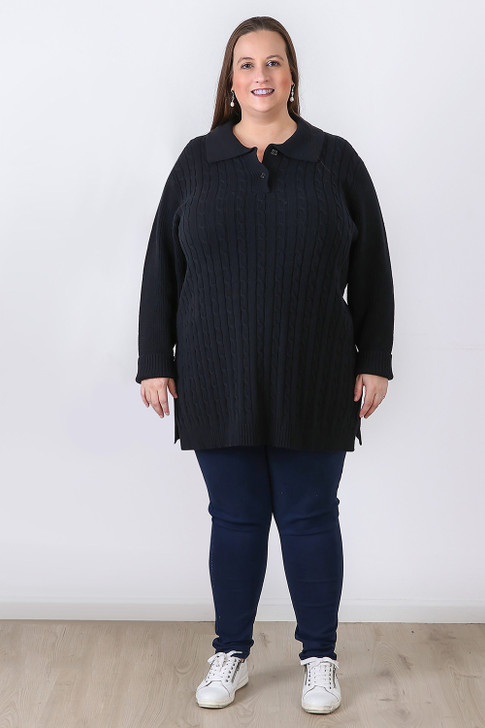 Plus Size Black Cable Knit Button Neck Jumper Sizes 18 to 32