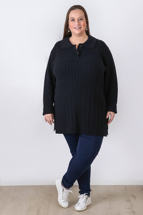 Plus Size Black Cable Knit Button Neck Jumper
