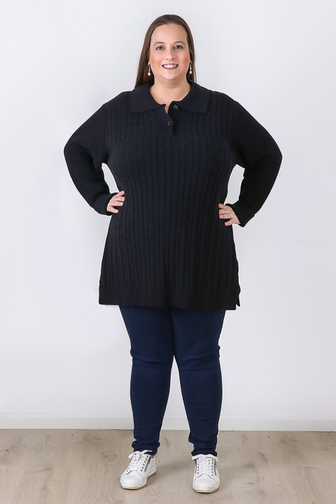 Plus Size Black Cable Knit Button Neck Jumper