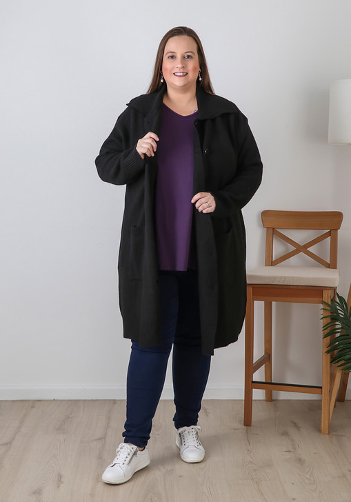 Plus Size Black Double Breasted Knit Cardigan 