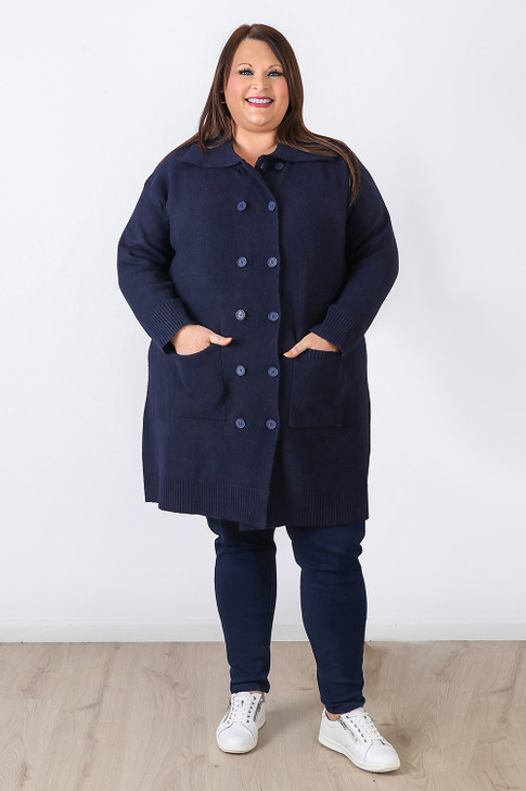 Plus Size Navy Double Breasted Knit Cardigan