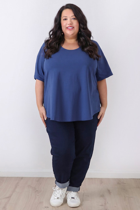 Plus Size Deep Blue Scoop Neck Cotton Stretch Tee