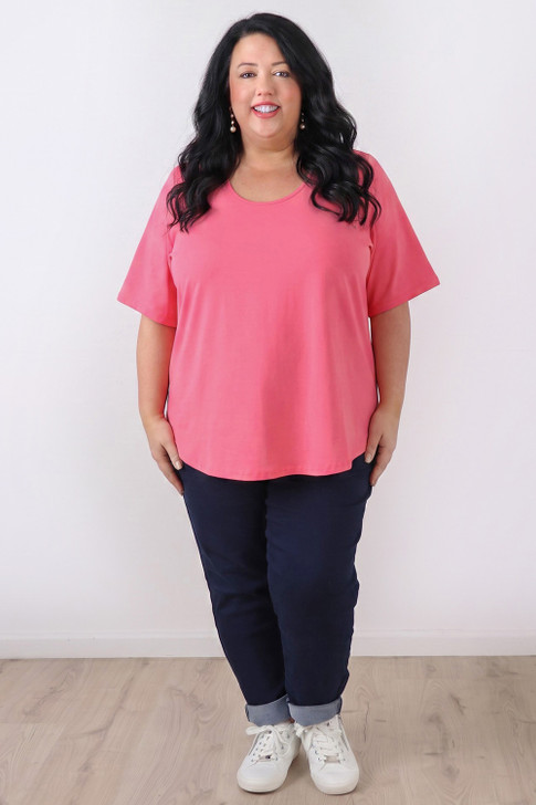 Plus Size Pink Short Sleeve Cotton Stretch Tee