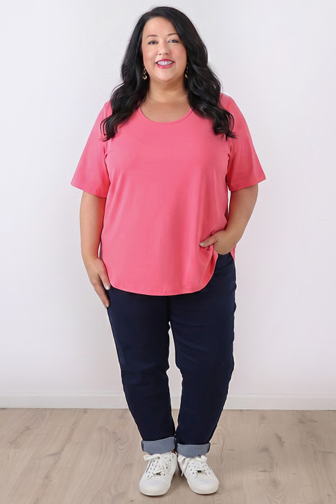 Plus Size Pink Scoop Neck Stretch Cotton Tee