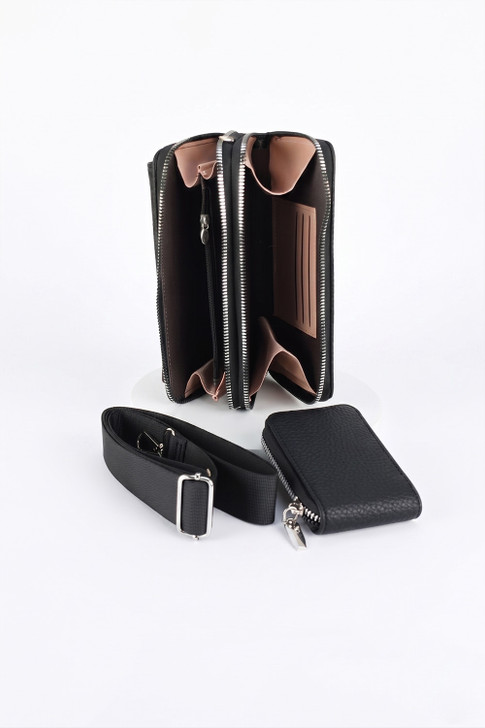 Black Double Zip Pocket Cross Body Bag