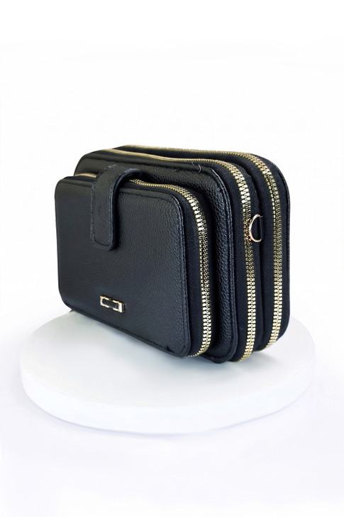 Black Geometric Strap Triple Pocket Cross Body Bag 