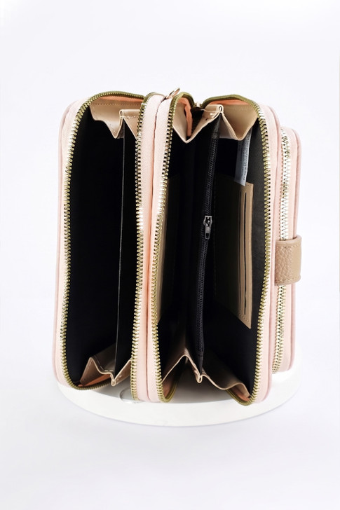 Pink Geometric Strap Triple Pocket Cross Body Bag