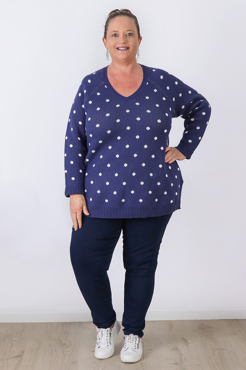 Plus Size Blue Polka Dot Cotton Knit Jumper - Curvaceous