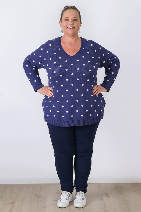 Plus Size Blue Polka Dot Cotton Knit Jumper Sizes 18 to 32