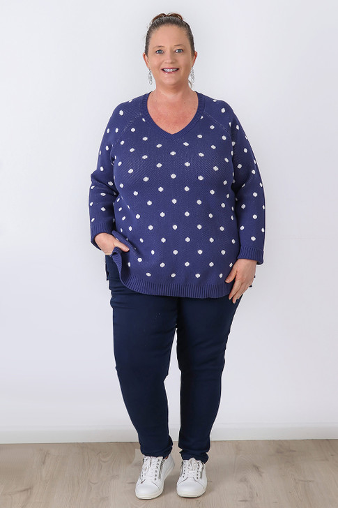 Plus Size Blue Polka Dot Cotton Knit Jumper