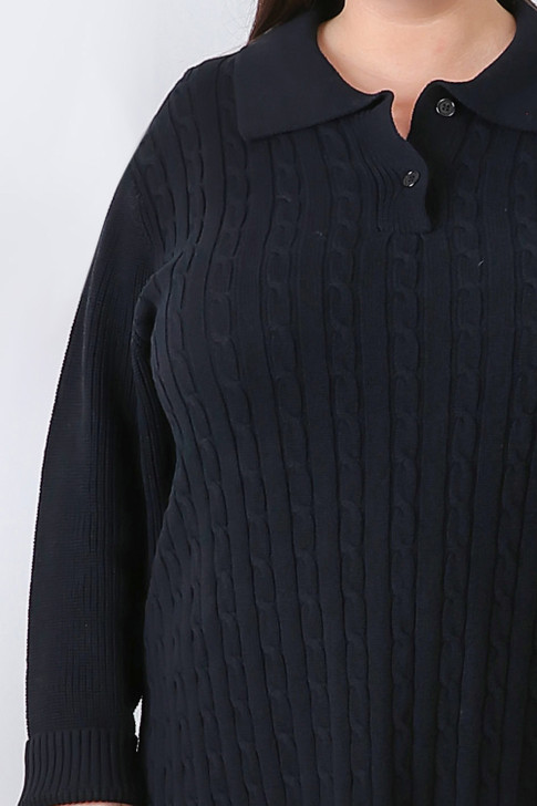Plus Size Black Cable Knit Button Neck Jumper - Curvaceous