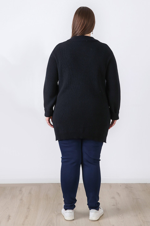 Plus Size Black Cable Knit Button Neck Jumper