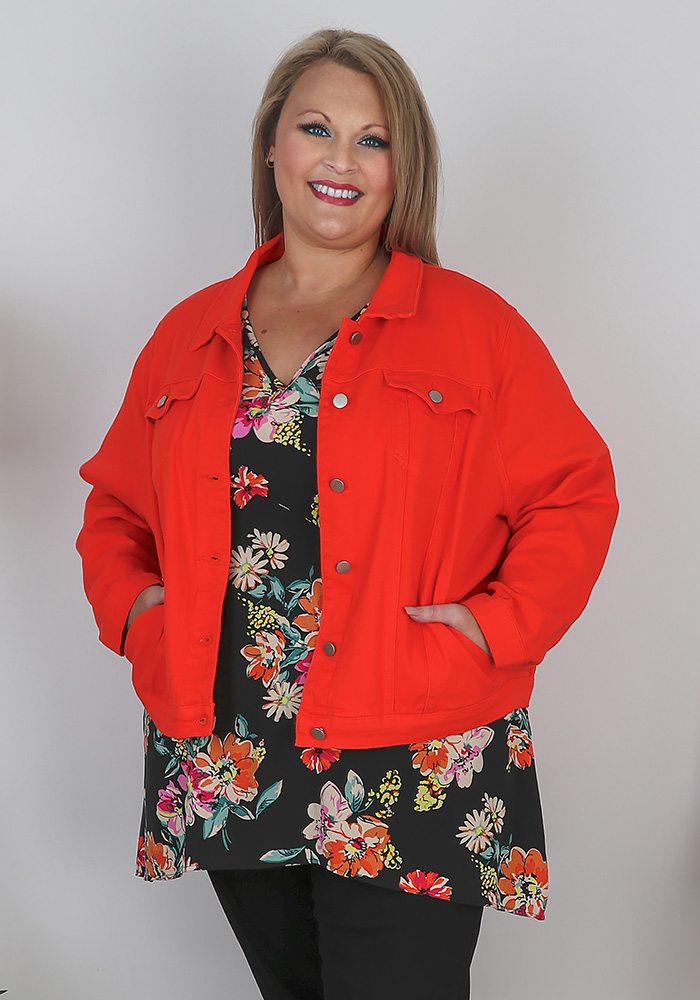 Plus Size Ribbed Trim Twill Cropped Bomber Jacket - Red