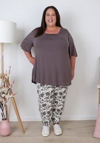 Plus Size Neutral Shadowed Florals Roll Up Cuff Track Pant 