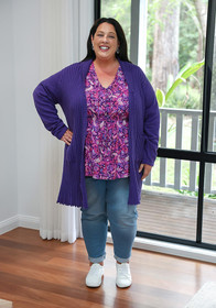 Plus Size Long Fluted Purple Cardigan