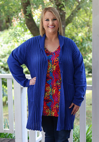 Plus Size Long Fluted Cobalt Blue Cardigan