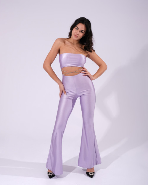 11683 - Off Shoulder Waist Detailed Flare Leg Jumpsuit