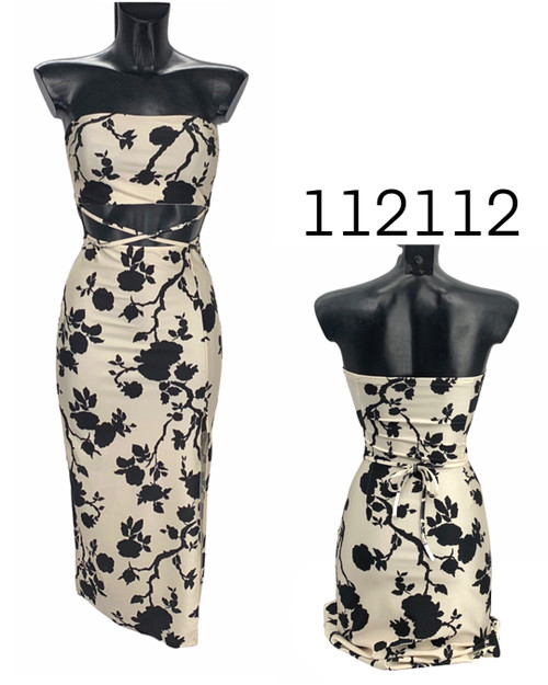 112112 - Printed Waist Cut Out Tube Midi Dress